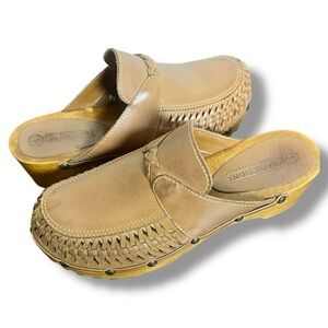 Predictions Woven Leather Clogs Women’s Tan Slip On Platform Wood Mule Sandals 6